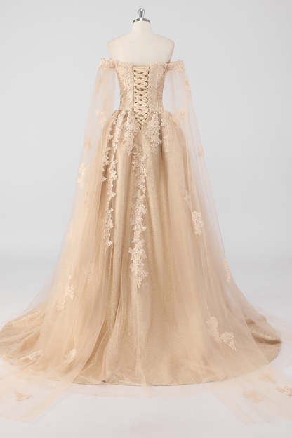Princess Champagne Off the Shoulder Tulle Quinceanera Dress with Appliques