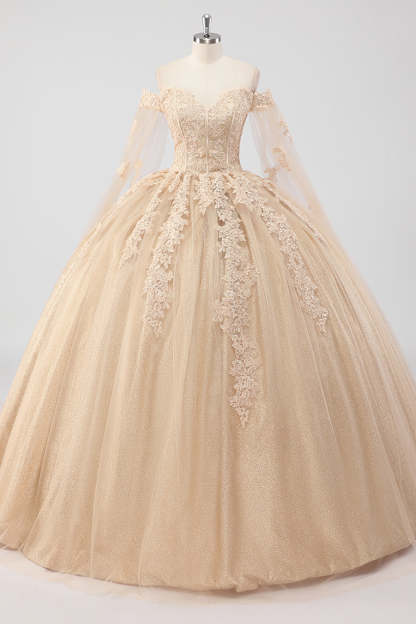 Leely Women Princess Champagne Quinceanera Dress Off the Shoulder Cape Sleeves Tulle Sweet 16 Dress with Appliques