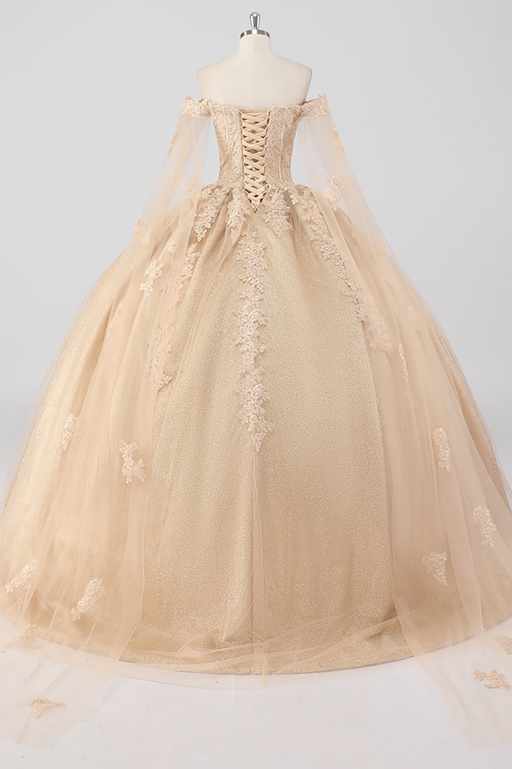 Princess Champagne Off the Shoulder Tulle Quinceanera Dress with Appliques