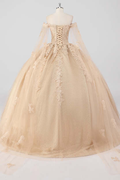 Princess Champagne Off the Shoulder Tulle Quinceanera Dress with Appliques