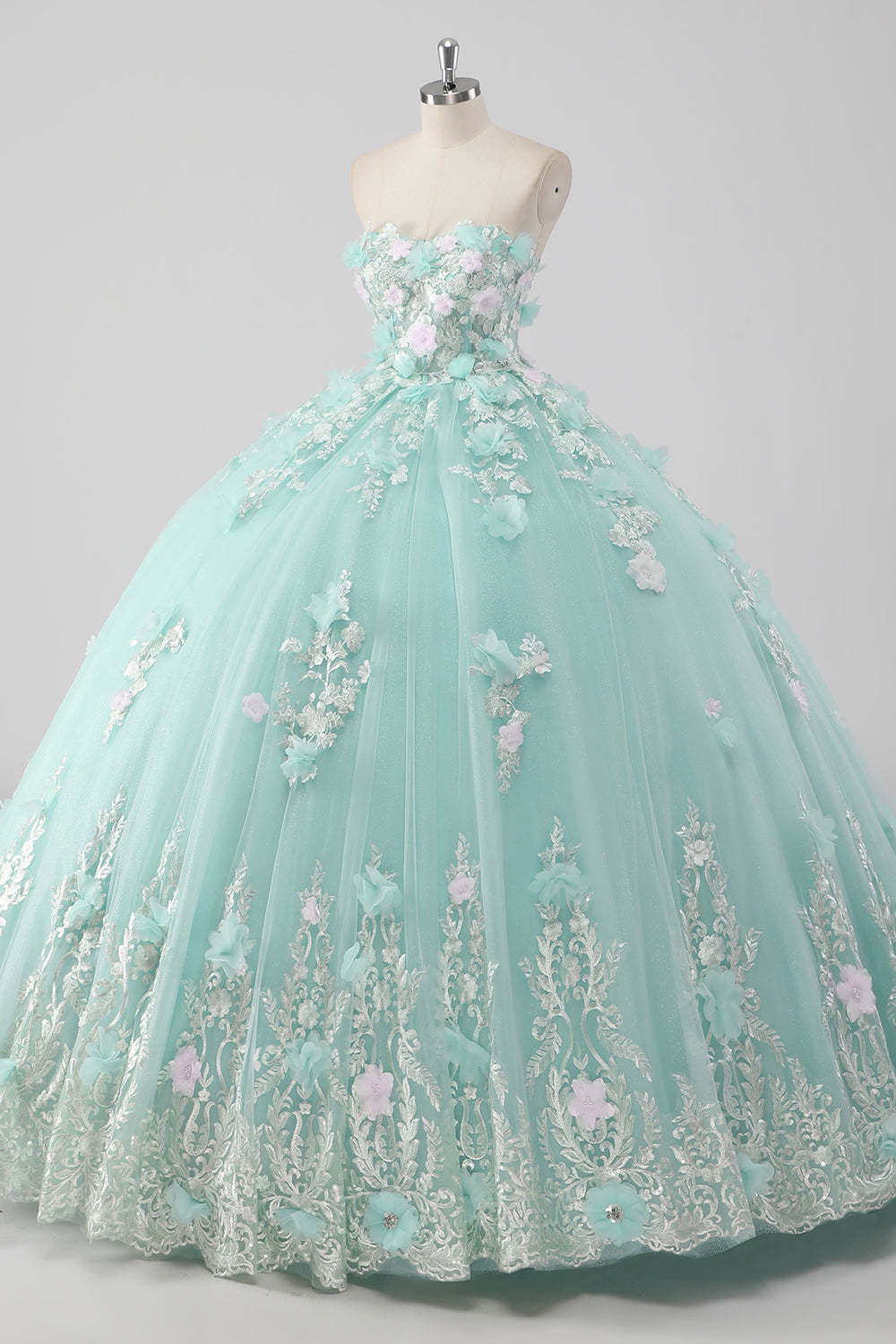Princess Mint Ball Gown Strapless Tulle Quinceanera Dress with 3D Flowers