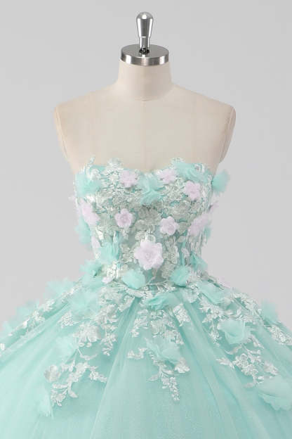 Princess Mint Ball Gown Strapless Tulle Quinceanera Dress with 3D Flowers
