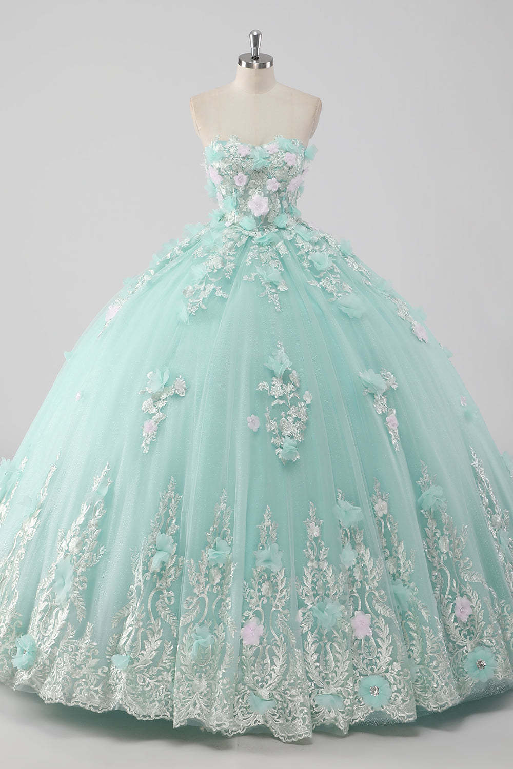 Leely Women Princess Mint Quinceanera Dress Ball Gown Strapless Tulle Sweet 16 Dress with 3D Flowers