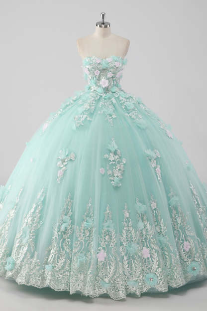 Leely Women Princess Mint Quinceanera Dress Ball Gown Strapless Tulle Sweet 16 Dress with 3D Flowers