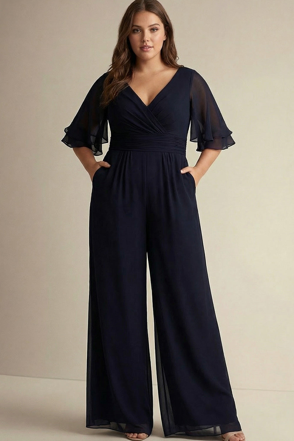 Navy Chiffon V-Neck Plus Size Half Sleeves Mother of the Bride Jumpsuit