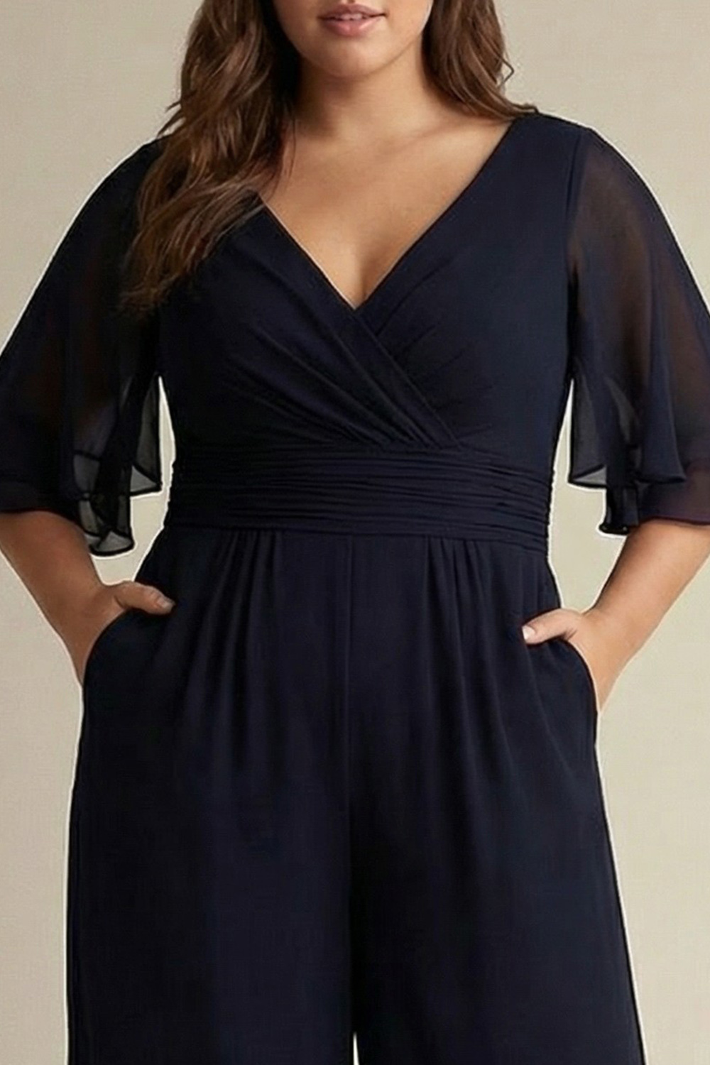 Navy Chiffon V-Neck Half Sleeves Mother of the Bride Jumpsuit
