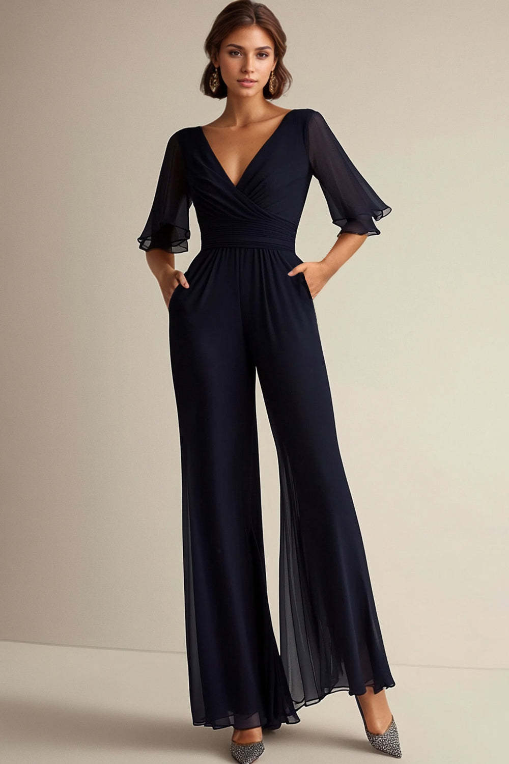 Navy Chiffon V-Neck Plus Size Half Sleeves Mother of the Bride Jumpsuit