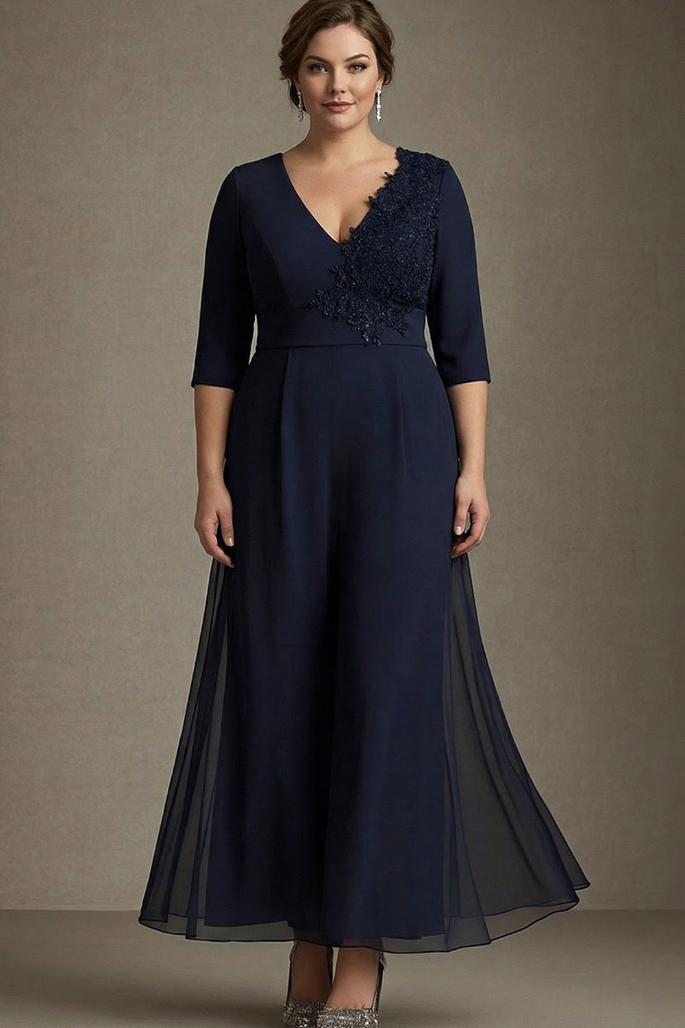 Leely Women Chiffon Applique Navy Plus Size V-Neck Mother of the Bride Dress Half Sleeves Flowy Wedding Guest Dress