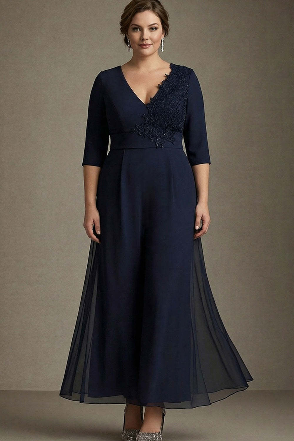Leely Women Chiffon Applique Navy Plus Size V-Neck Mother of the Bride Dress Half Sleeves Flowy Wedding Guest Dress