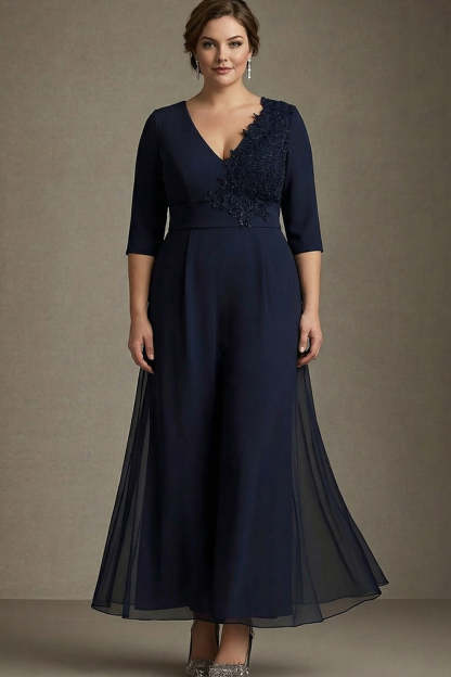 Leely Women Chiffon Applique Navy Plus Size V-Neck Mother of the Bride Dress Half Sleeves Flowy Wedding Guest Dress