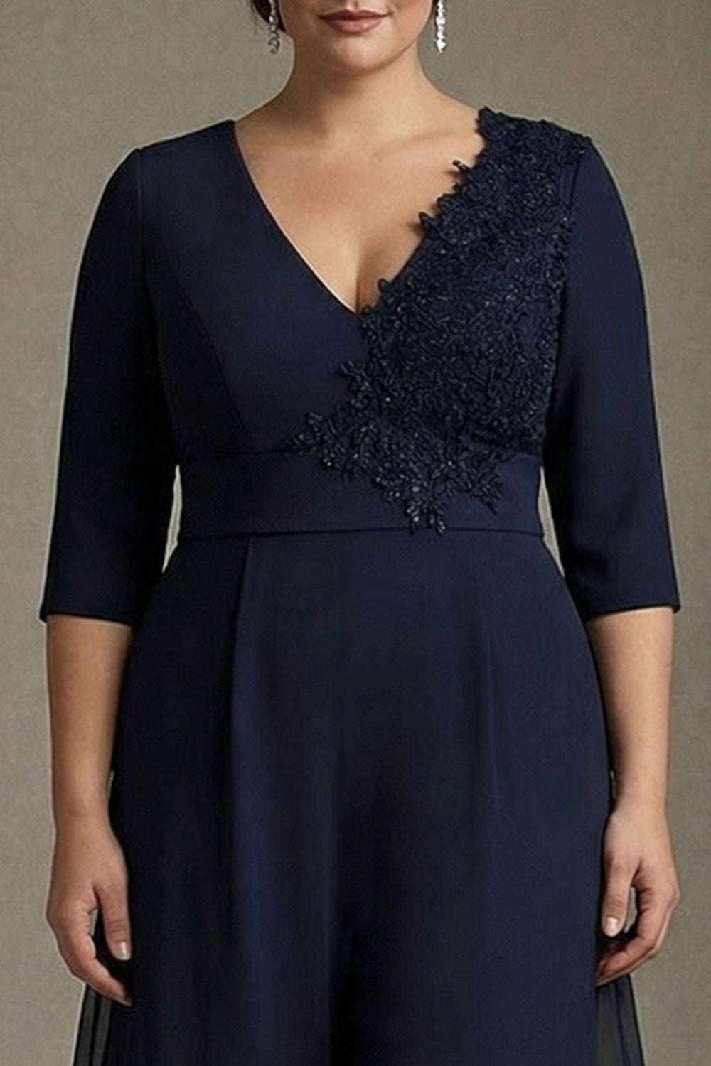 Plus Size Chiffon Applique Navy V-Neck Mother of the Bride Dress