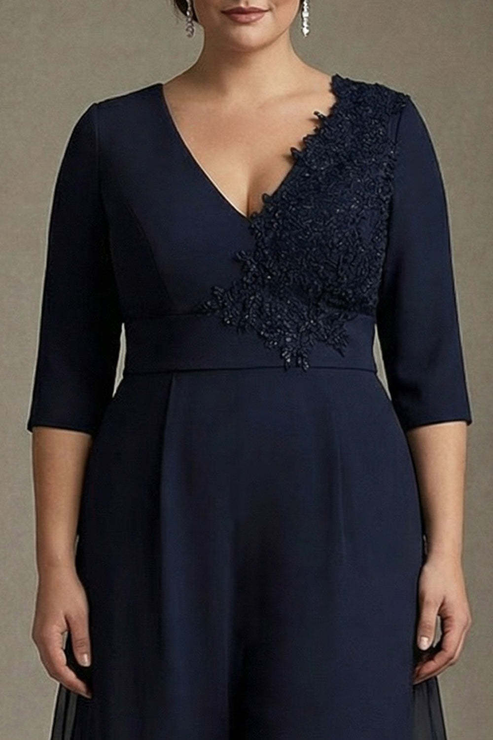 Plus Size Chiffon Applique Navy V-Neck Mother of the Bride Dress