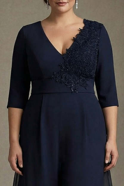 Plus Size Chiffon Applique Navy V-Neck Mother of the Bride Dress