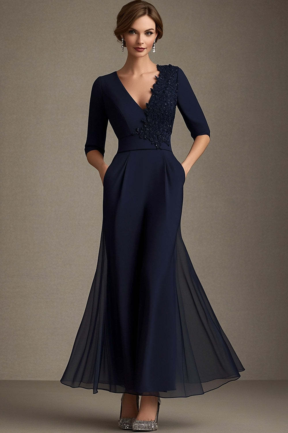 Plus Size Chiffon Applique Navy V-Neck Mother of the Bride Dress