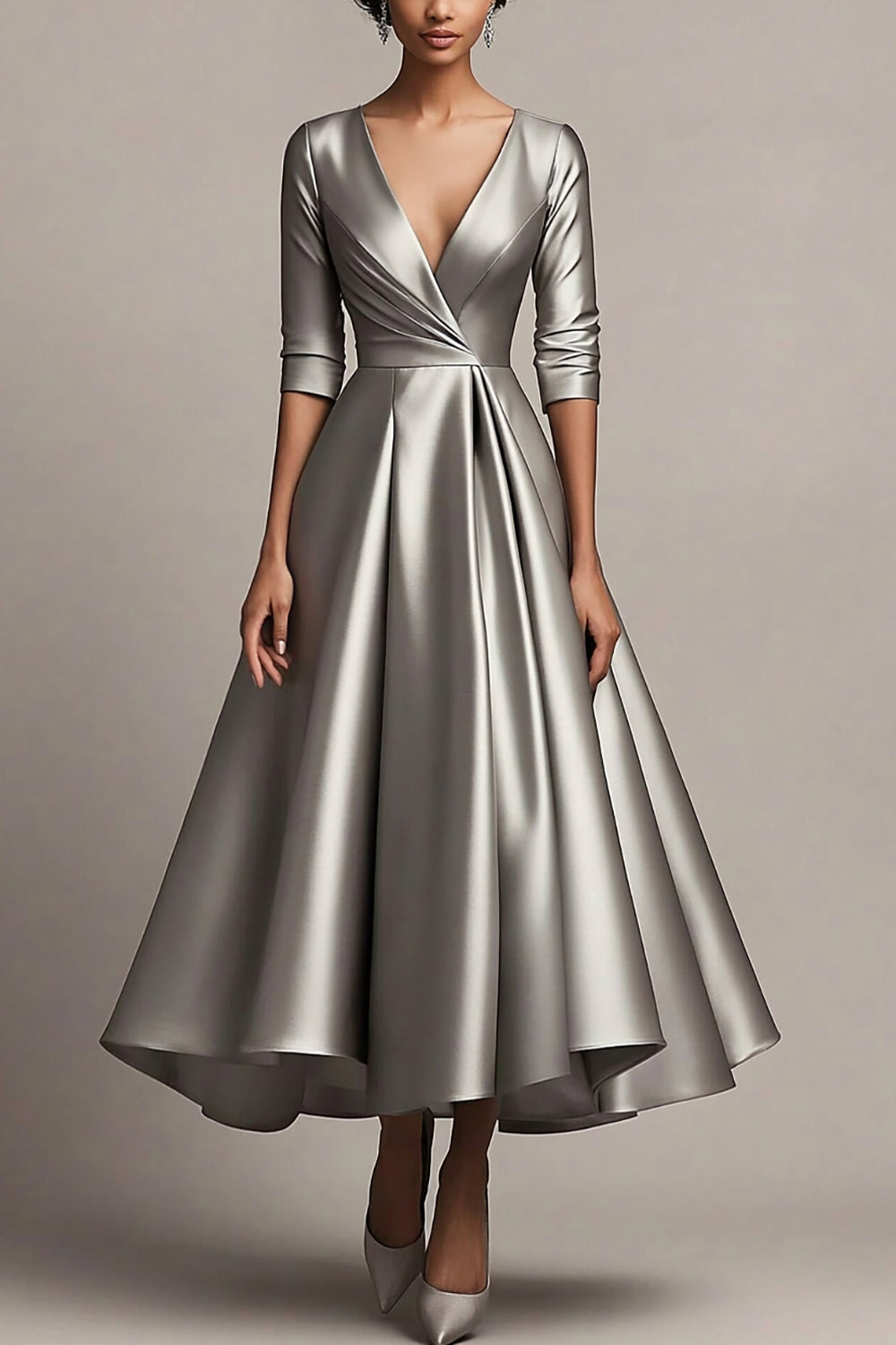 Leely Women V-Neck Grey Satin Pleated A-Line Mother of the Bride Dress Half Sleeves Tea Length Formal Dress