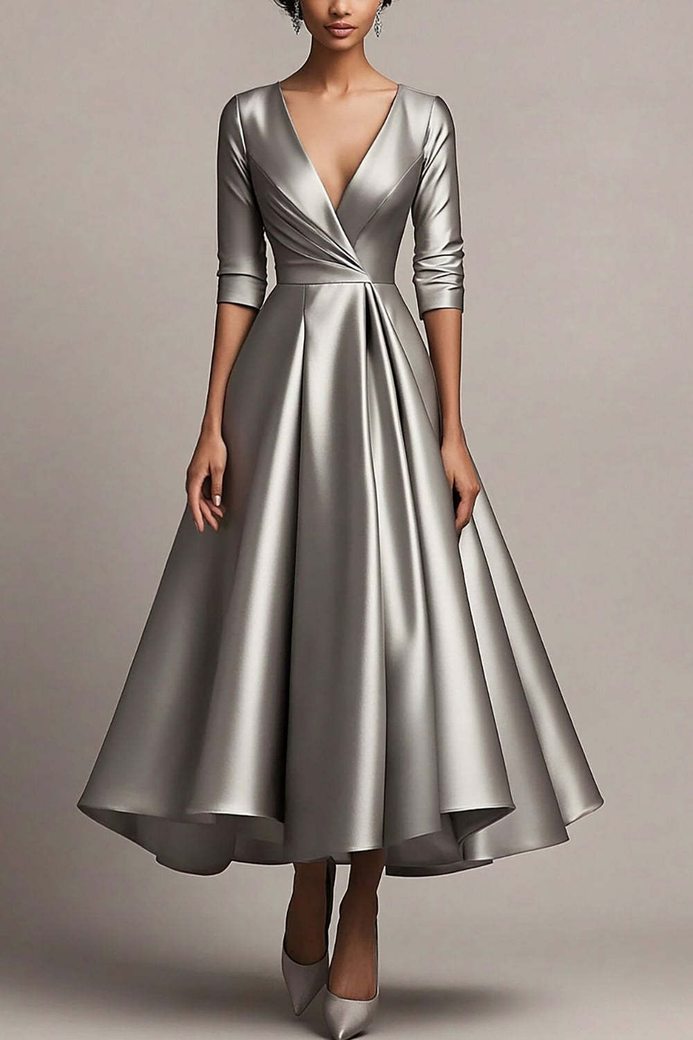 Leely Women V-Neck Grey Satin Pleated A-Line Mother of the Bride Dress Half Sleeves Tea Length Formal Dress