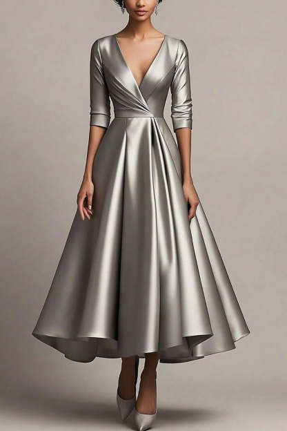Leely Women V-Neck Grey Satin Pleated A-Line Mother of the Bride Dress Half Sleeves Tea Length Formal Dress