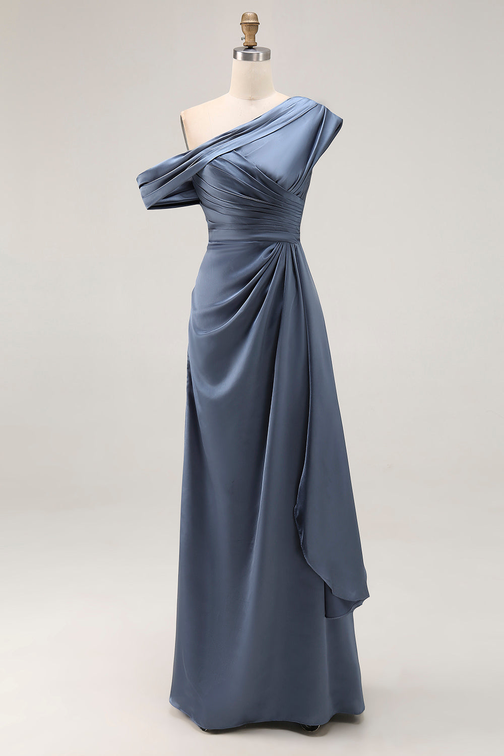Long Grey Blue Satin Plus Size Ruched Sheath Mother of the Bride Dress