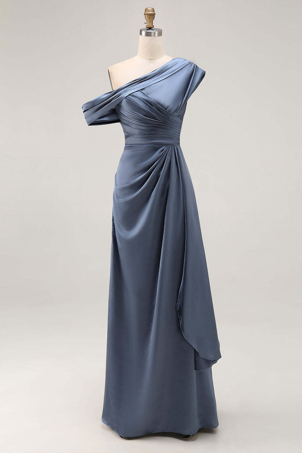 Long Grey Blue Satin Plus Size Ruched Sheath Mother of the Bride Dress