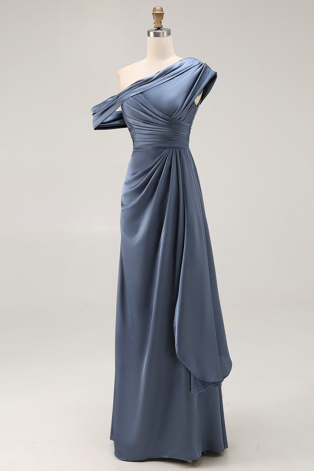 Long Grey Blue Satin Plus Size Ruched Sheath Mother of the Bride Dress