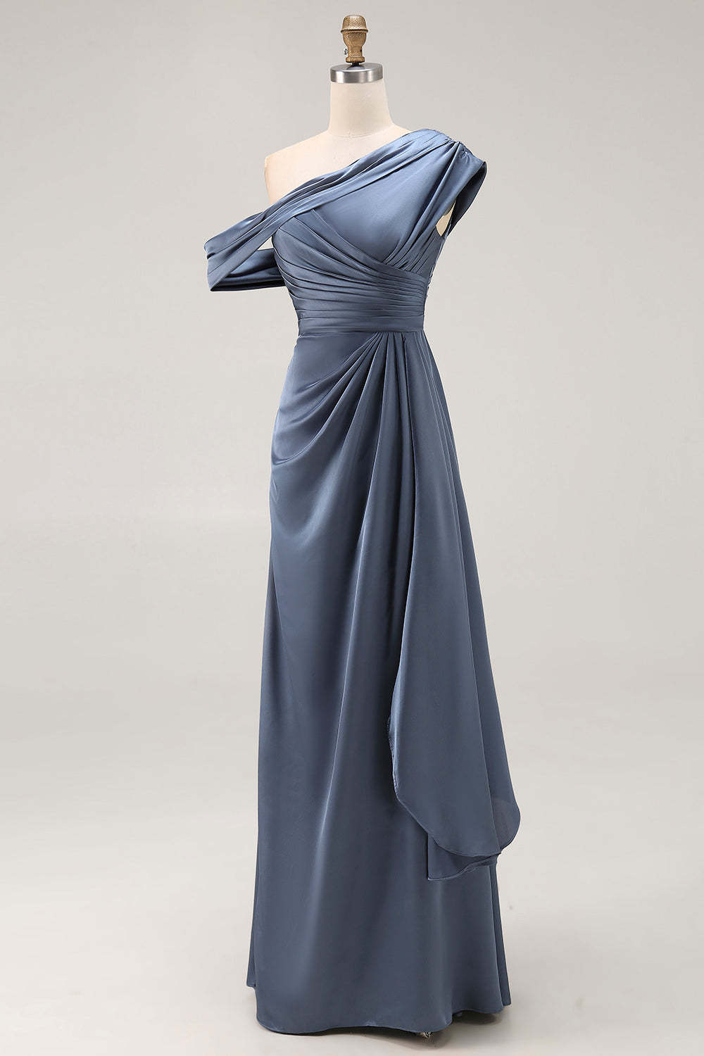 Long Grey Blue Satin Plus Size Ruched Sheath Mother of the Bride Dress