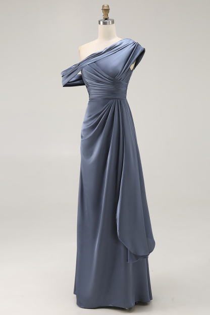 Long Grey Blue Satin Sheath Ruched Mother of the Bride Dress