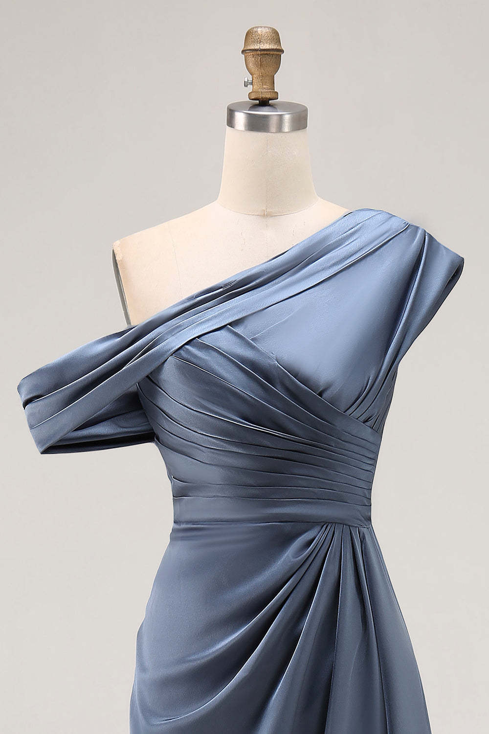 Long Grey Blue Satin Plus Size Ruched Sheath Mother of the Bride Dress