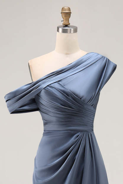 Long Grey Blue Satin Plus Size Ruched Sheath Mother of the Bride Dress