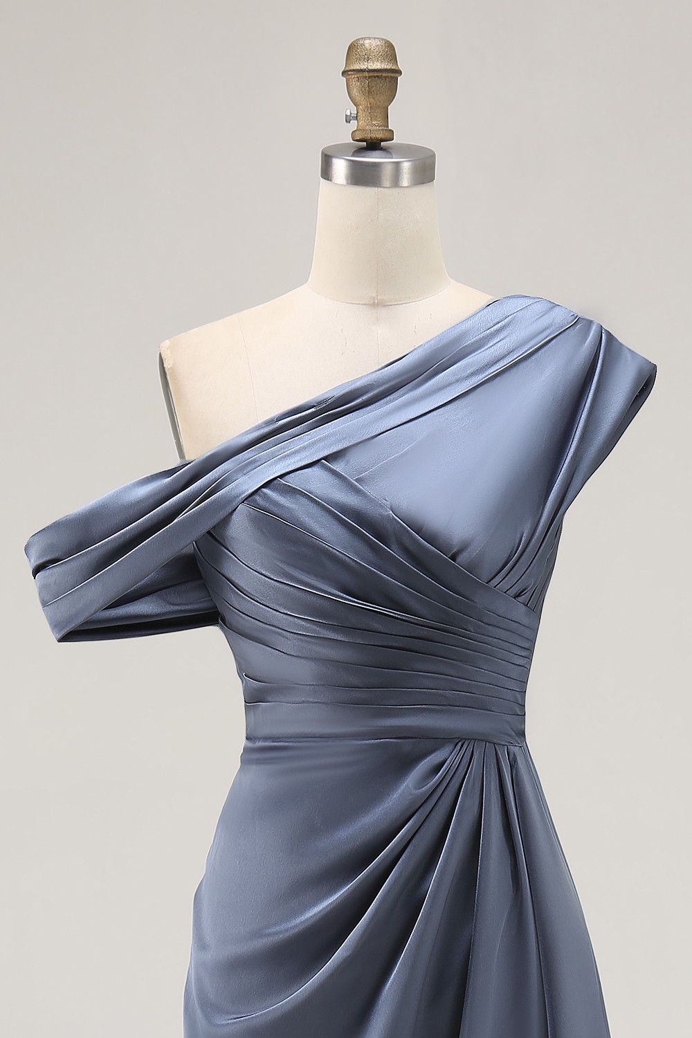 Long Grey Blue Satin Sheath Ruched Mother of the Bride Dress