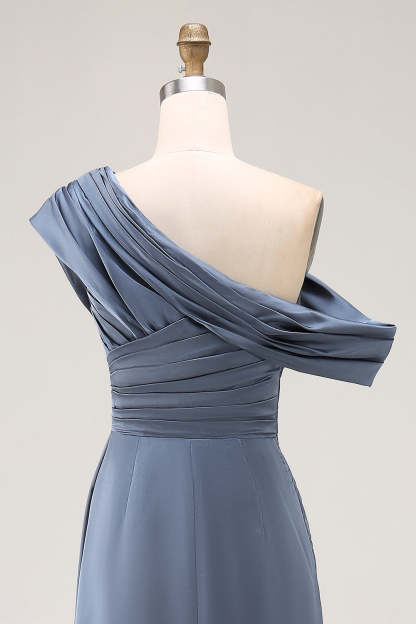 Long Grey Blue Satin Plus Size Ruched Sheath Mother of the Bride Dress