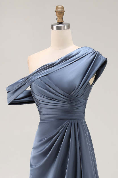 Long Grey Blue Satin Plus Size Ruched Sheath Mother of the Bride Dress