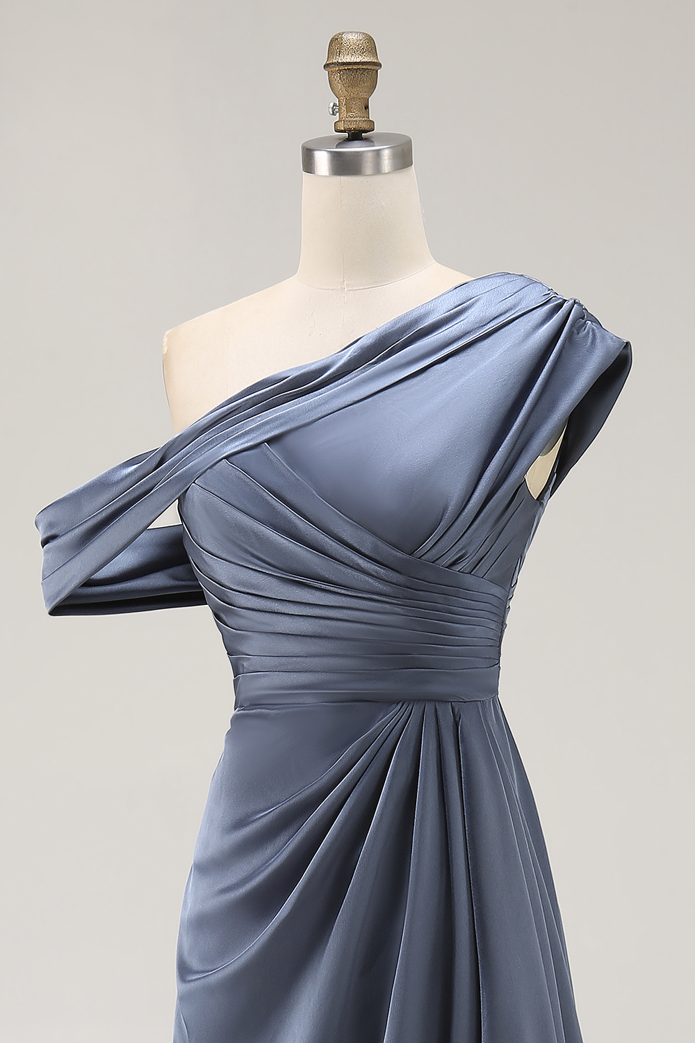 Long Grey Blue Satin Sheath Ruched Mother of the Bride Dress