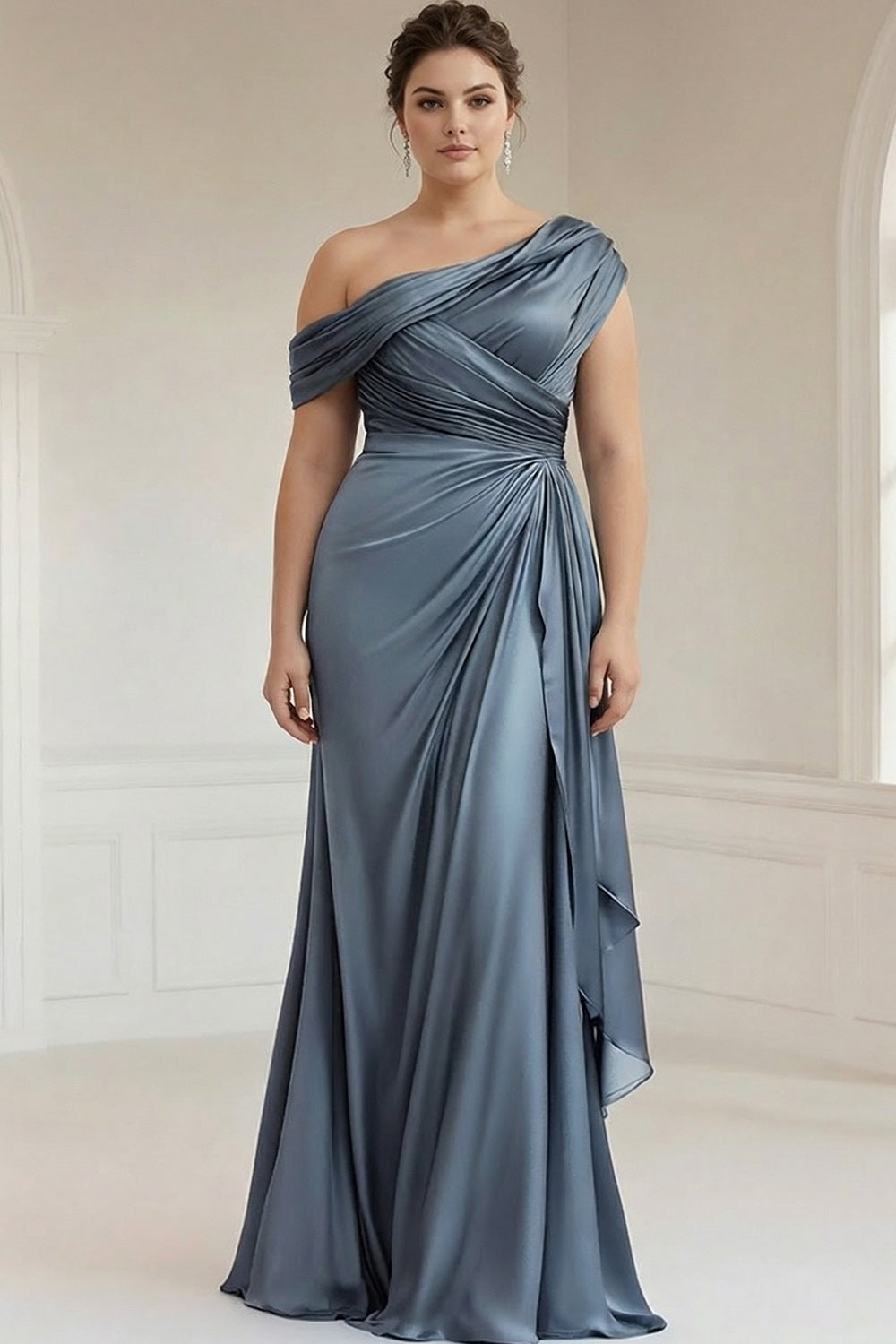 Long Grey Blue Satin Plus Size Ruched Sheath Mother of the Bride Dress
