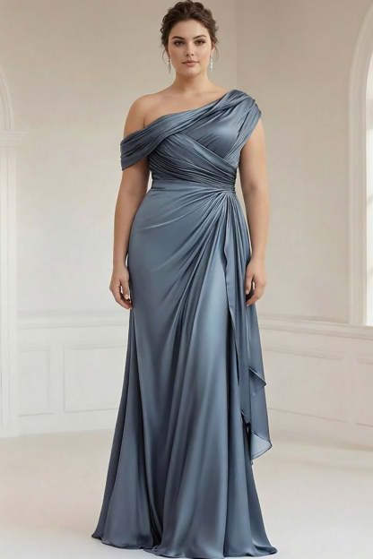 Leely Women Grey Blue Plus Size Satin One Shoulder Sheath Mother of the Bride Dress Maxi Ruffled Formal Dress