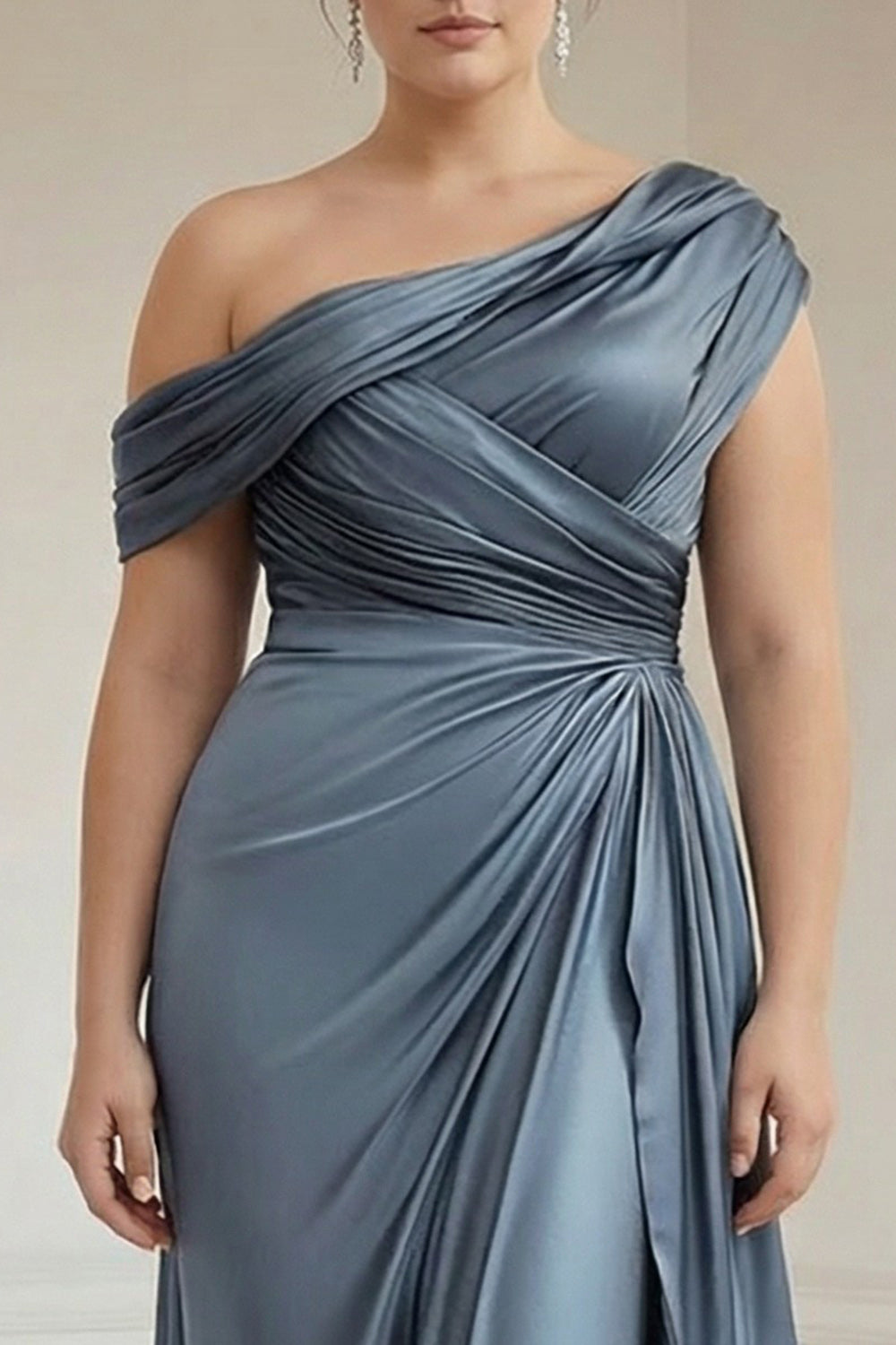 Long Grey Blue Satin Plus Size Ruched Sheath Mother of the Bride Dress