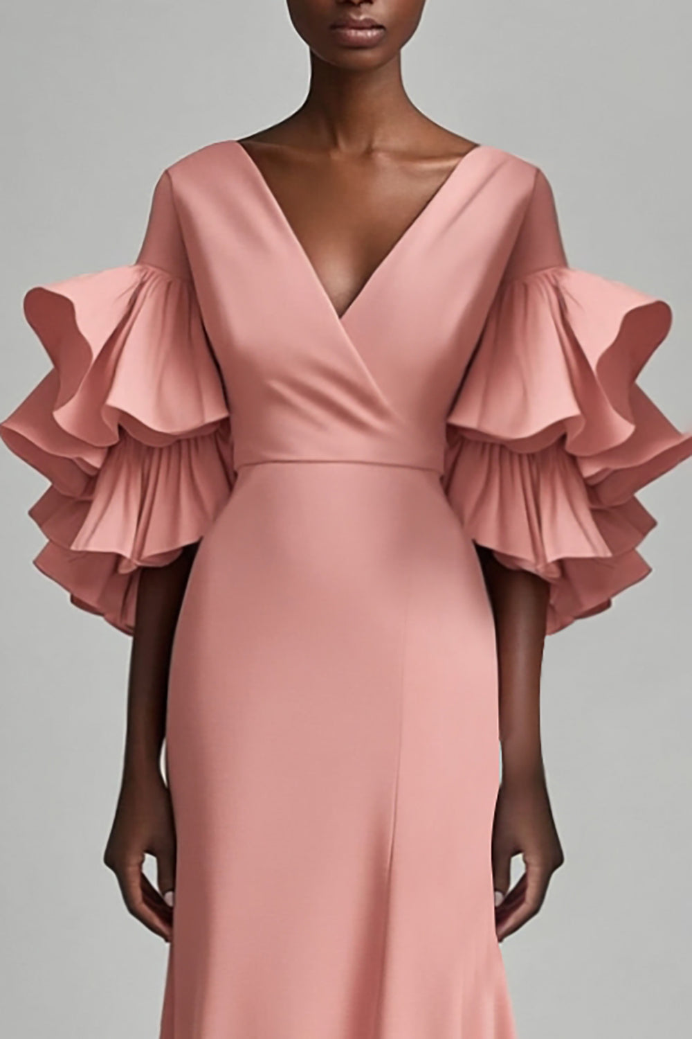 Pink V-Neck Ruffle Seeves Sheath Mother of the Bride Dress