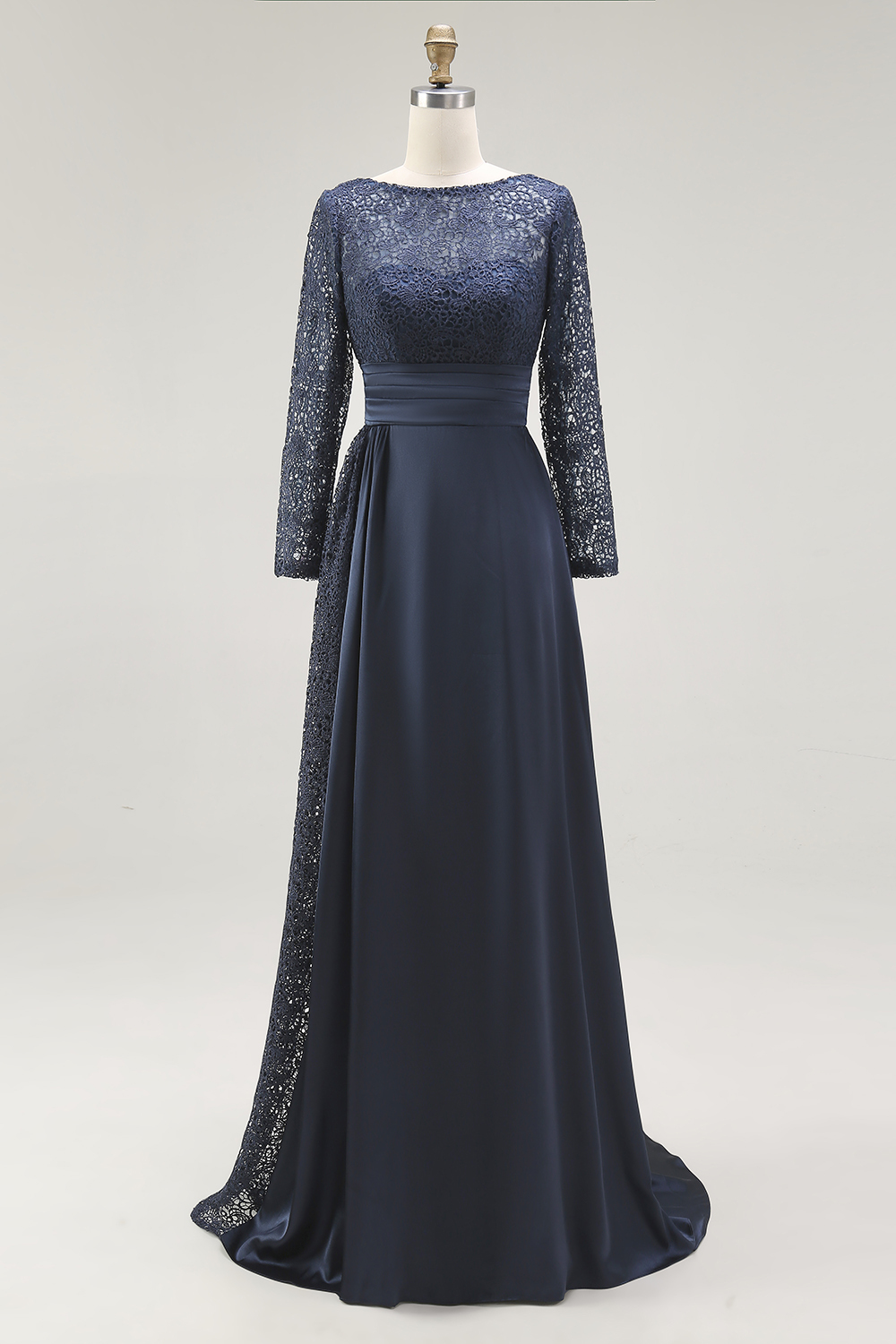 Navy A-Line Floor Length Lace Mother of the Bride Dress