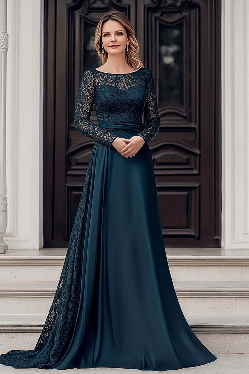 Leely Women Navy A-Line Floor Length Lace Mother of the Bride Dress Satin Long Sleeves Wedding Guest Dress