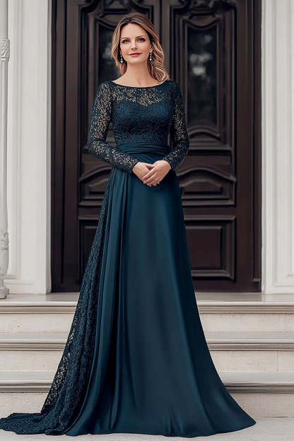 Leely Women Navy A-Line Floor Length Lace Mother of the Bride Dress Satin Long Sleeves Wedding Guest Dress