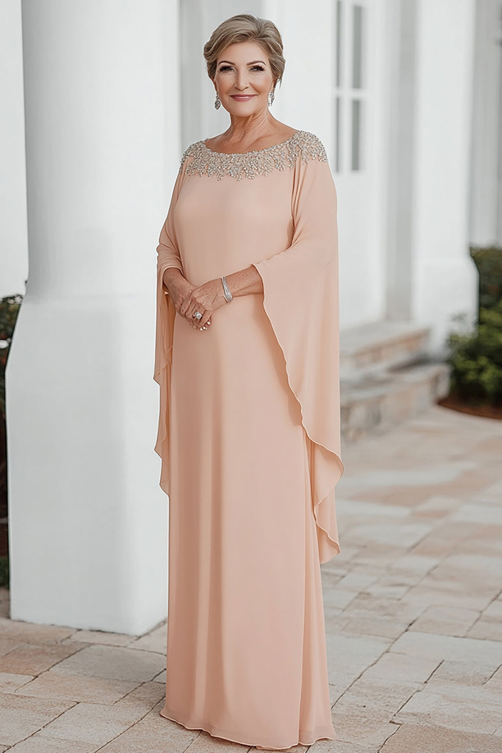 Leely Women Apricot Chiffon Mother of the Bride Dress with Flutter Sleeves Plus Size Column Wedding Guest Dress