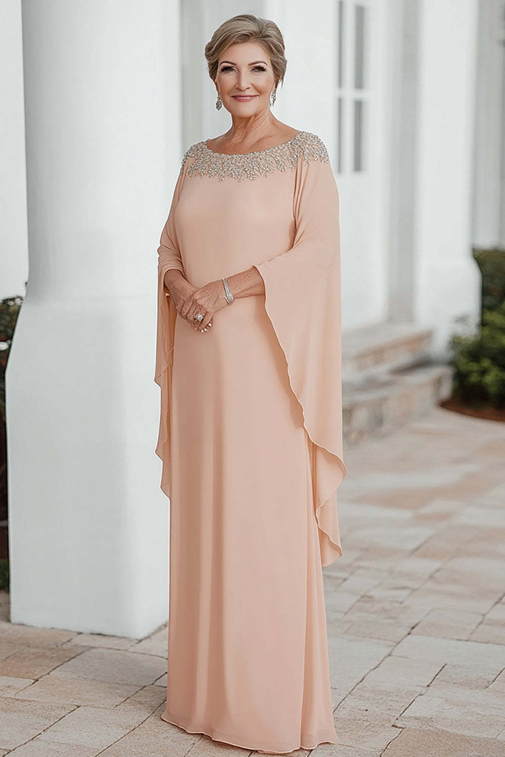 Leely Women Apricot Chiffon Mother of the Bride Dress with Flutter Sleeves Plus Size Column Wedding Guest Dress