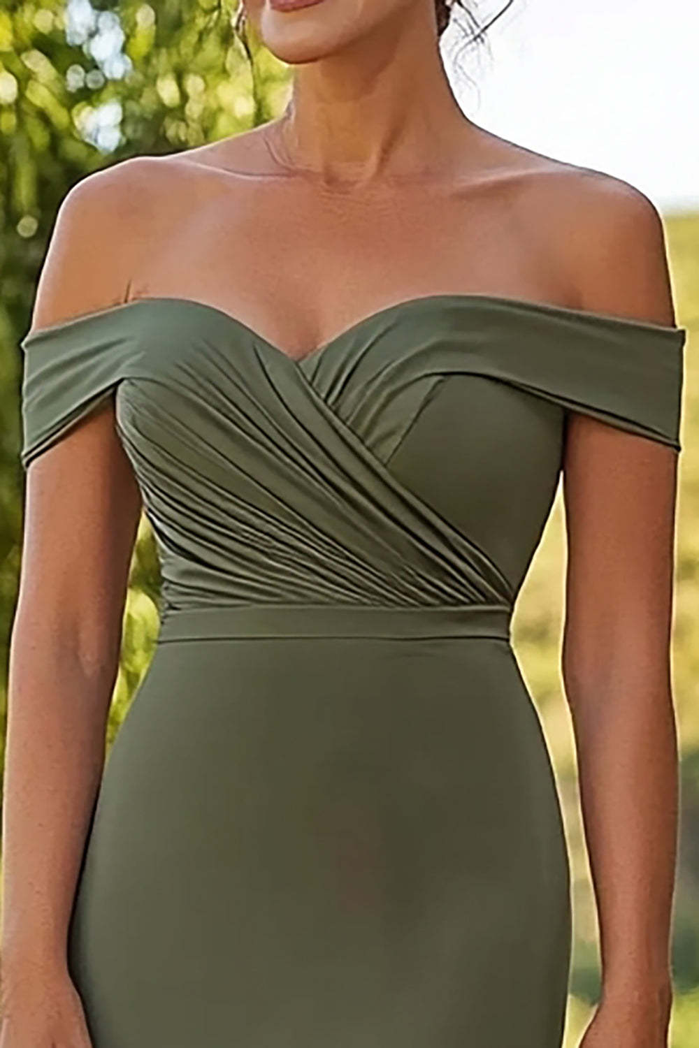 Olive Satin Off the ShoulderPleated Sheath Mother of the Bride Dress