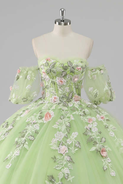 Lemon Green Ball Gown Corset Applique Quinceañera Dress