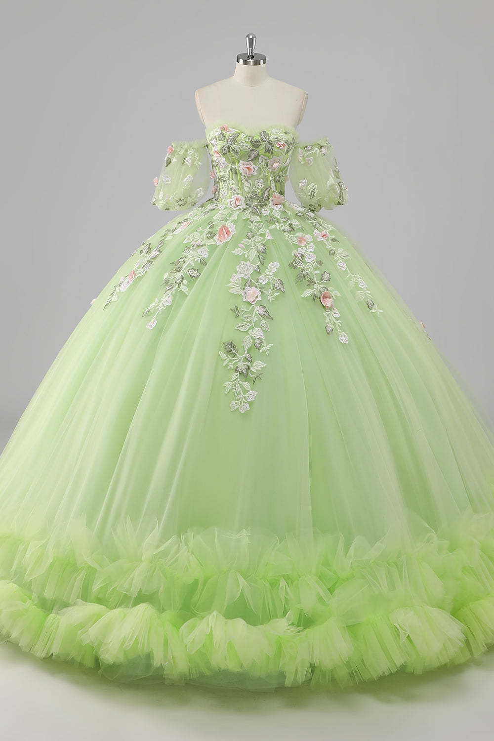 Leely Women Lemon Green Ball Gown Corset Applique Quinceañera Dress Lace Up Back