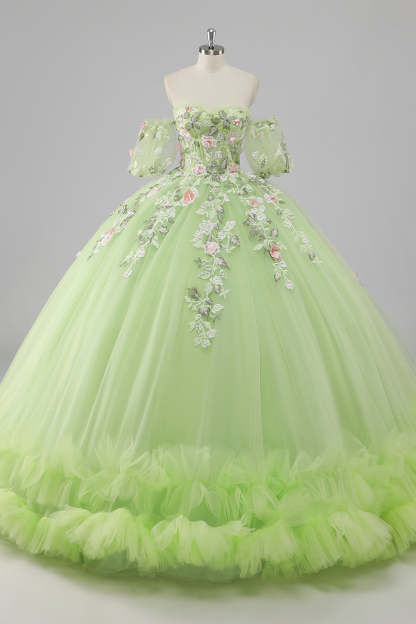 Leely Women Lemon Green Ball Gown Corset Applique Quinceañera Dress Lace Up Back