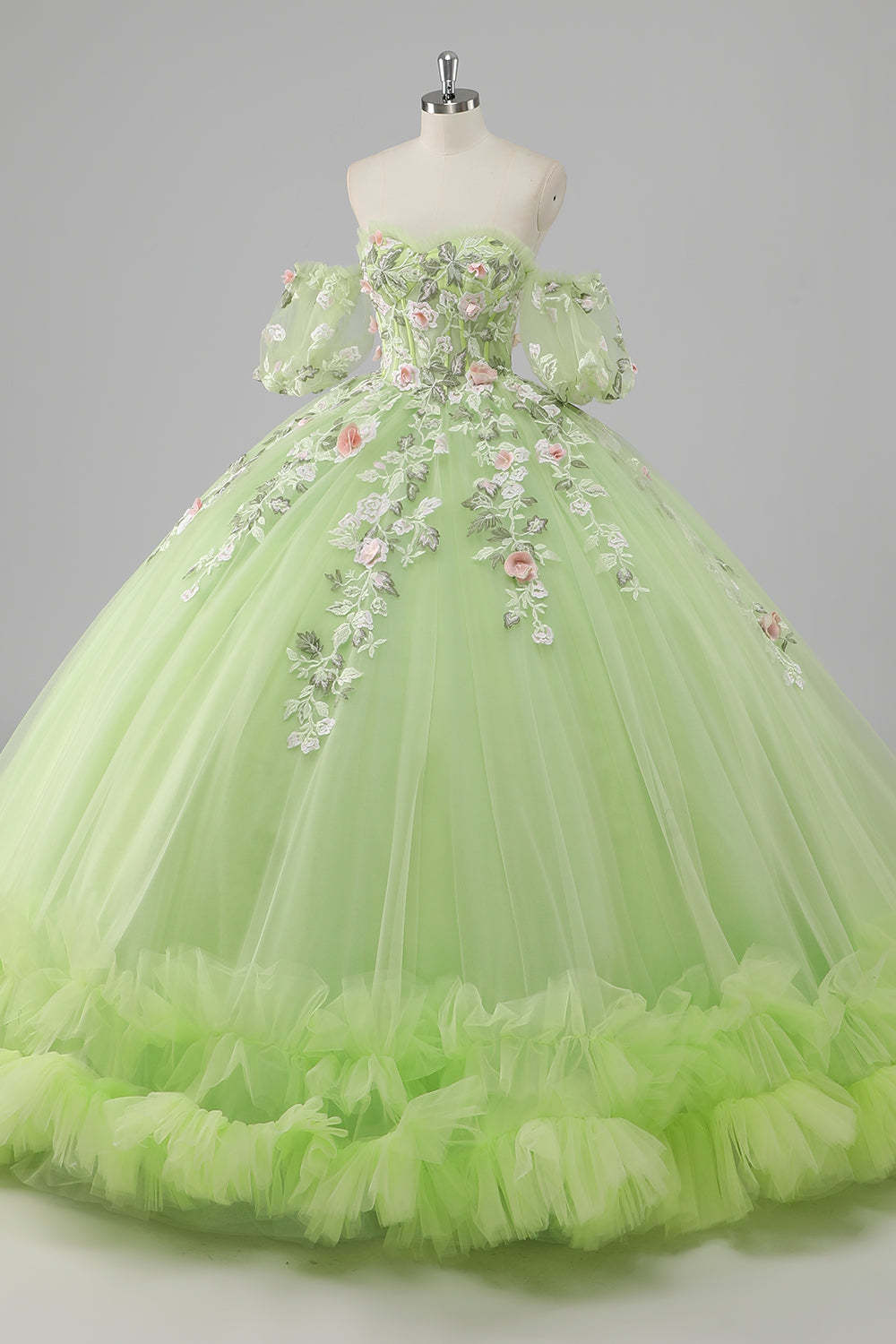 Lemon Green Ball Gown Corset Applique Quinceañera Dress
