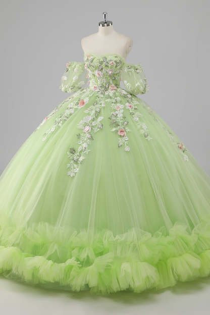 Lemon Green Ball Gown Corset Applique Quinceañera Dress