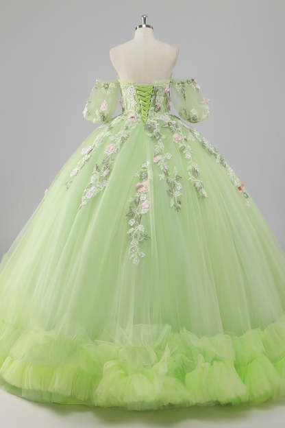 Lemon Green Ball Gown Corset Applique Quinceañera Dress