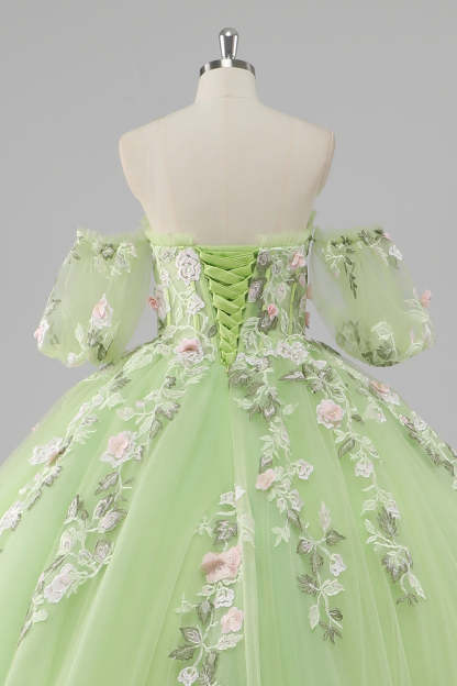 Lemon Green Ball Gown Corset Applique Quinceañera Dress