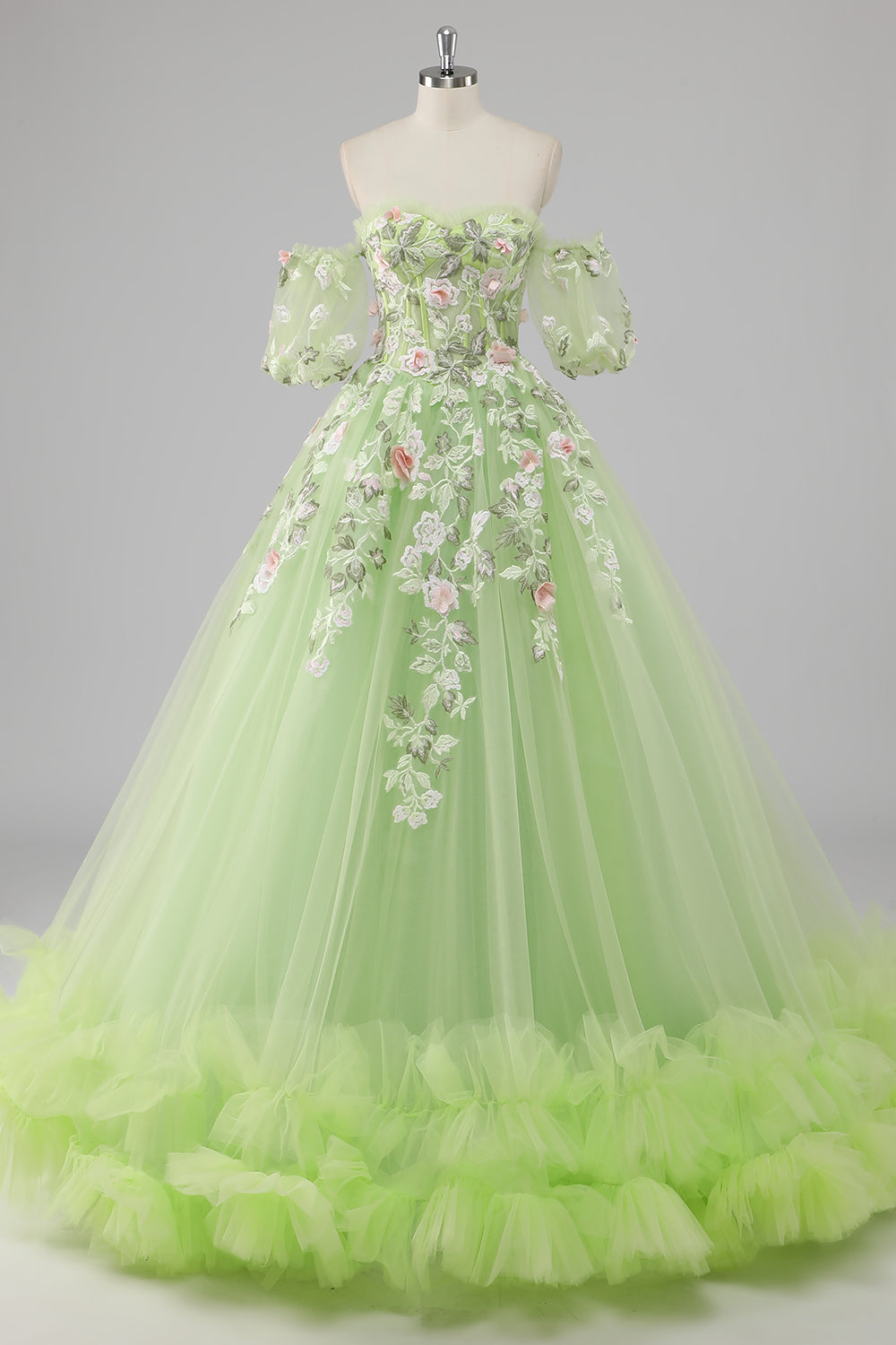 Lemon Green Ball Gown Corset Applique Quinceañera Dress